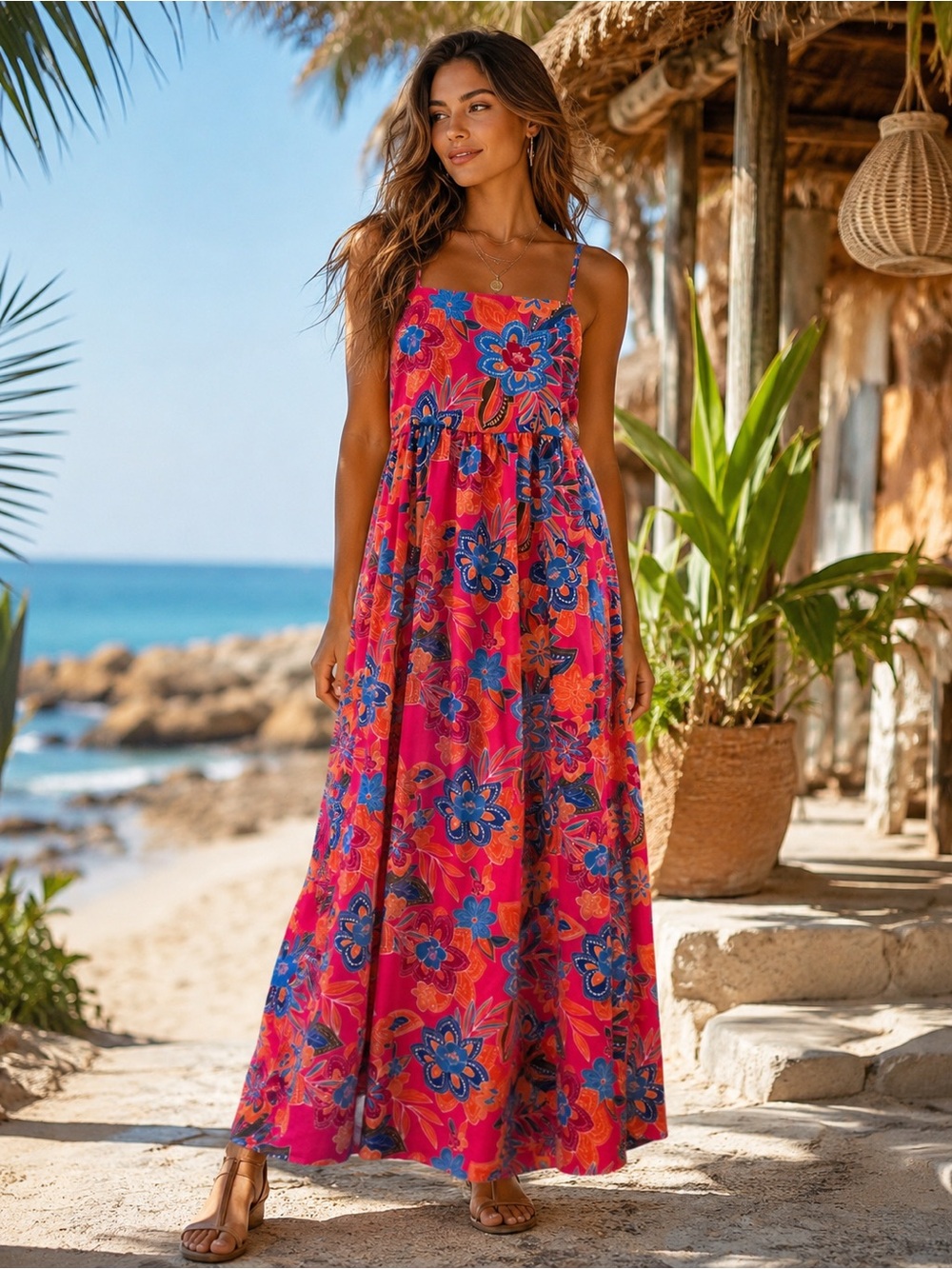 Pink Tropical Floral Boho Resort Maxi Dress NWT M-L Cruise Vacation